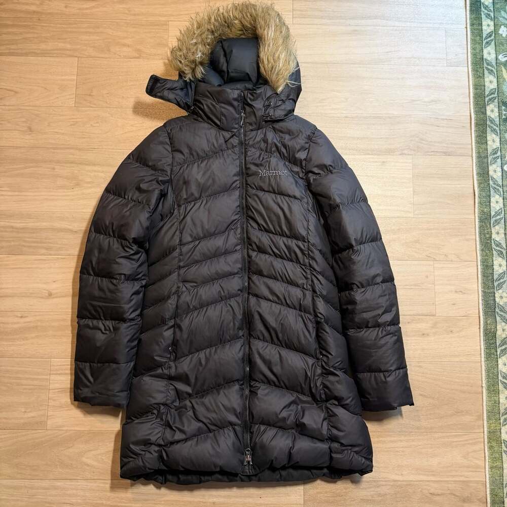 Marmot Montreal Coat Black Down Quilted Hooded Faux Fur Trim Winter Jacket